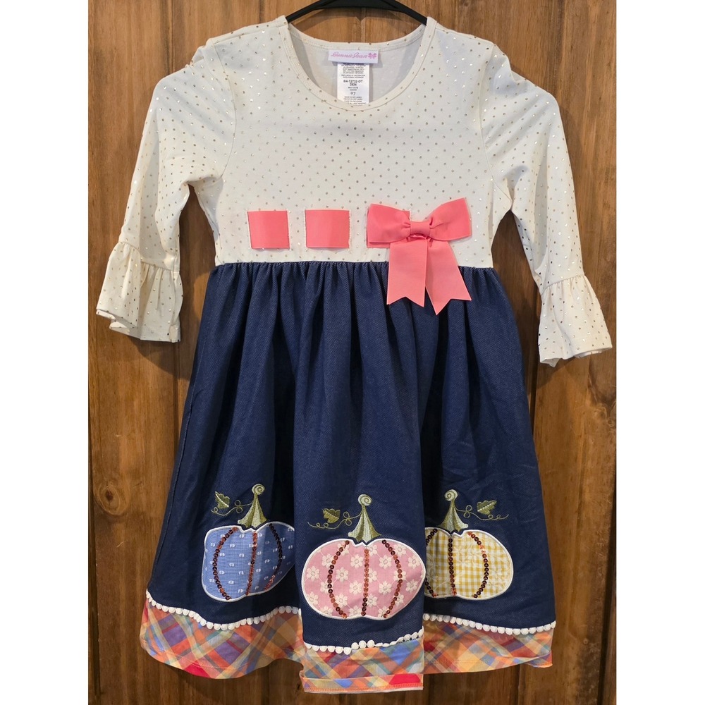 Bonnie Jean Pumpkin Dress Girls Size 7 Navy Cream Excellent Fall Thanksgiving